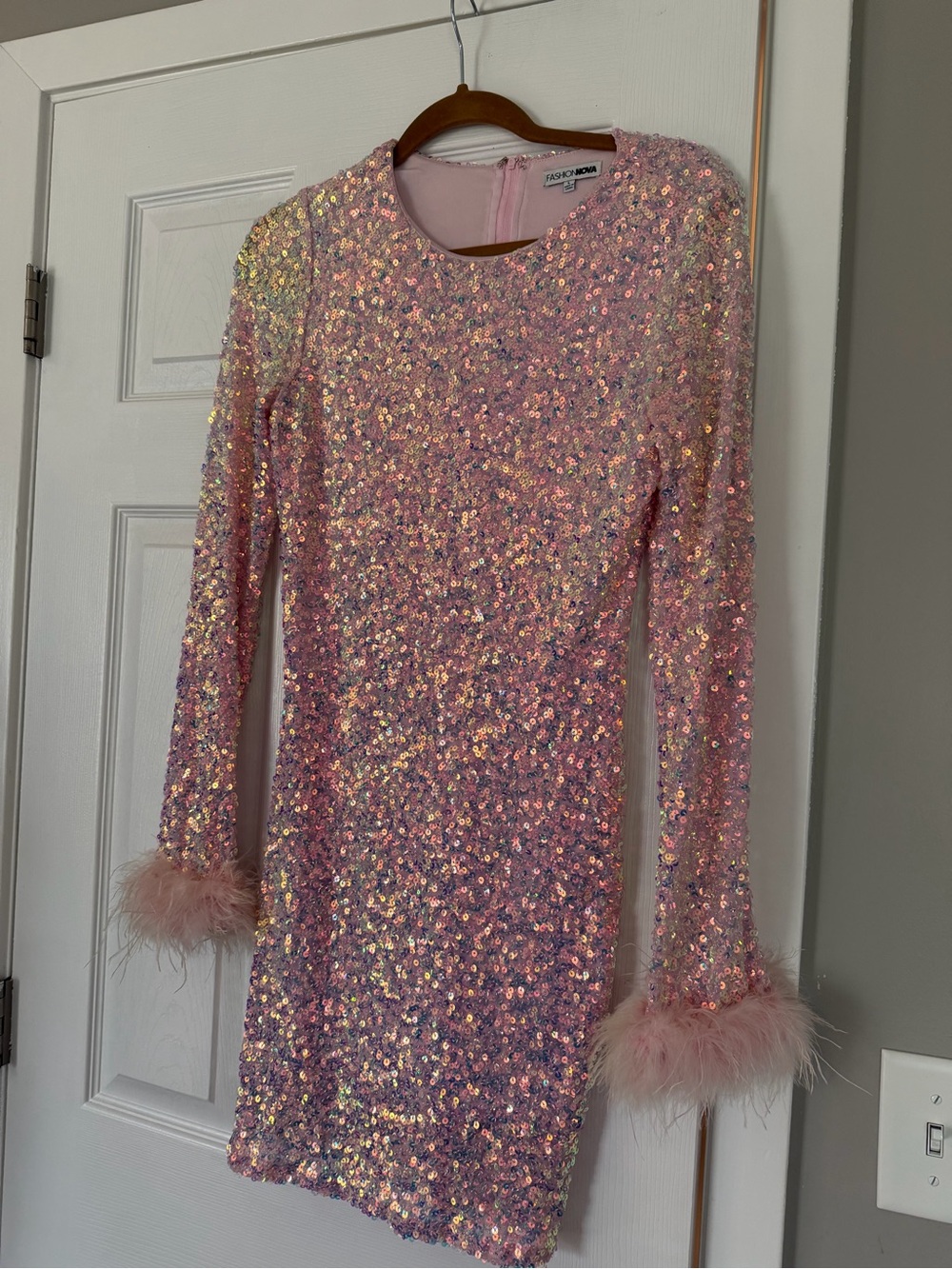Fashion Nova Light Pink Full Sequin Fur Collar Long Sleeve Mini Dress